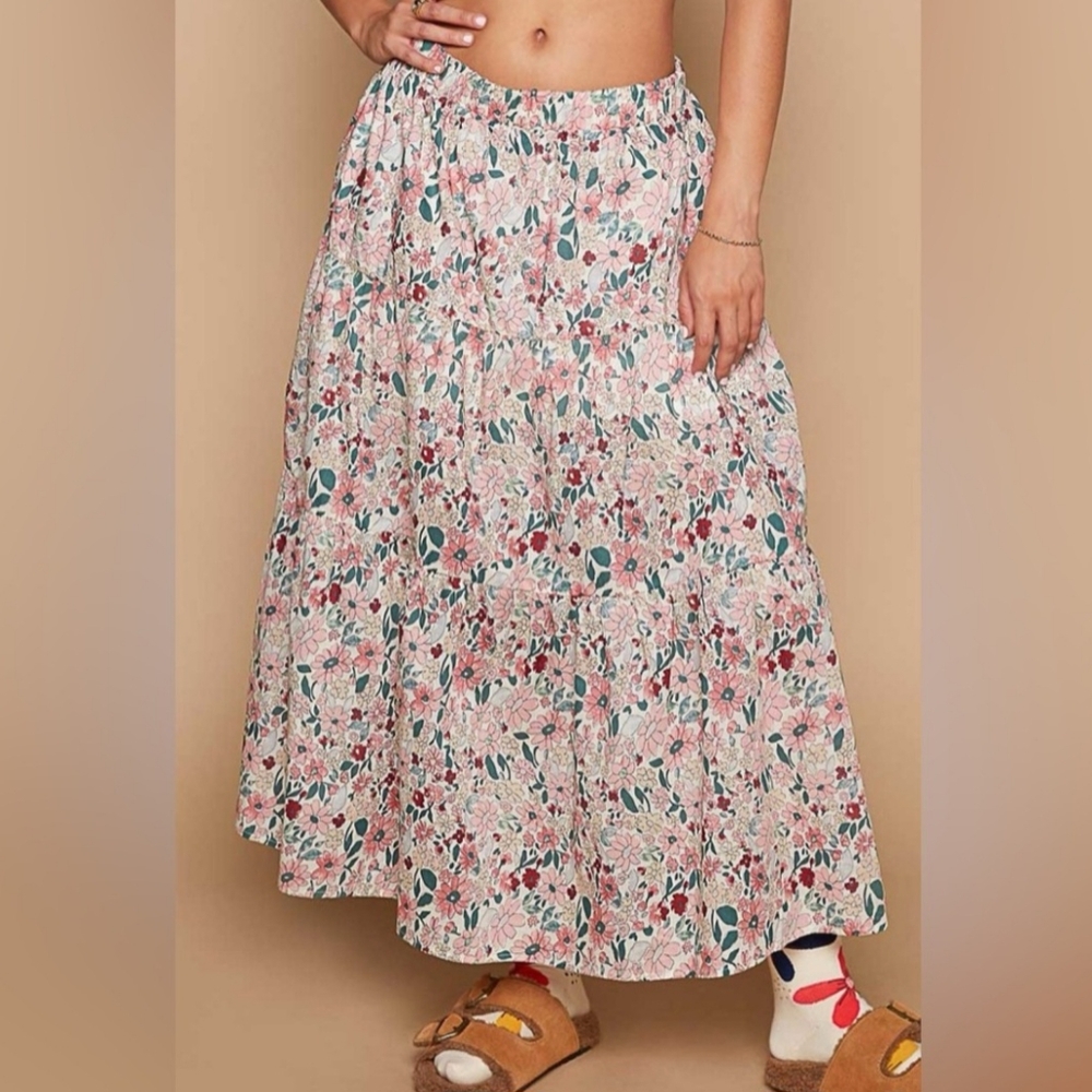 POL Floral Maxi Skirt in Soft Pink and Teal